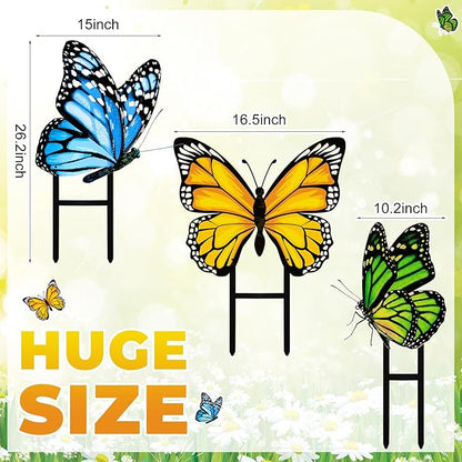 3 Pcs Spring Metal Butterfly Garden Stakes Decor 16.5 Inch Decorative Green Yellow Blue Butterfly Yard Stake Outdoor Insect Decor Metal Garden Art Ornaments for Patio Porch Lawn Backyard