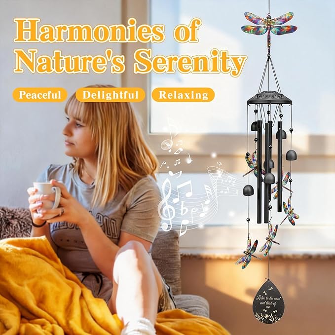 Dragonfly Wind Chimes Outdoor Durable Black Metal Windchimes Garden Patio Decor Dragonfly Gifts for Women/Men, Garden/Yard Decor, Memorial/Birthday Gifts for Grandma/Mom, Chimes for Outside