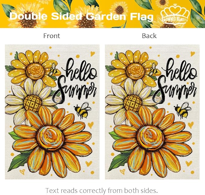 CROWNED BEAUTY Hello Summer Garden Flag Sunflowers 12x18 Inch Double Sided Small Floral Seasonal Holiday Decoration for Outside Yard