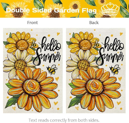 CROWNED BEAUTY Hello Summer Garden Flag Sunflowers 12x18 Inch Double Sided Small Floral Seasonal Holiday Decoration for Outside Yard