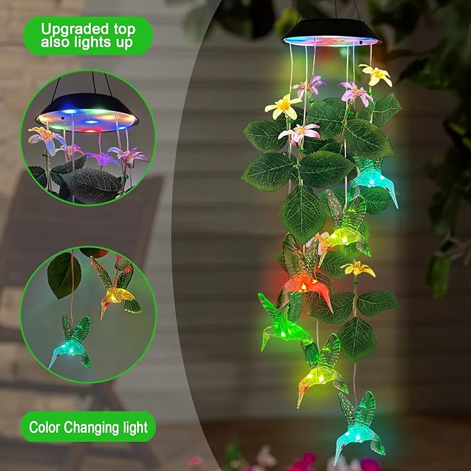 Hummingbirds Solar Wind Chimes Outdoor,Color Changing LED Dangler Mobiles for Outside, Hanging Decoraition for Patio,Porch,Yard,Gifts for Women