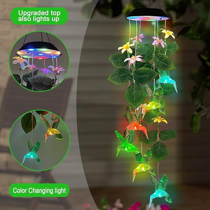 Hummingbirds Solar Wind Chimes Outdoor,Color Changing LED Dangler Mobiles for Outside, Hanging Decoraition for Patio,Porch,Yard,Gifts for Women