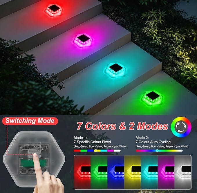 Solar Deck Dock Step Lights- 4 Packs Waterproof 1200mAh Auto ON/Off LED Solor Powered Stair Lights for Outdoor Garden, Patio, Pathway, Walkway, Driveway (Red & Green & Blue)