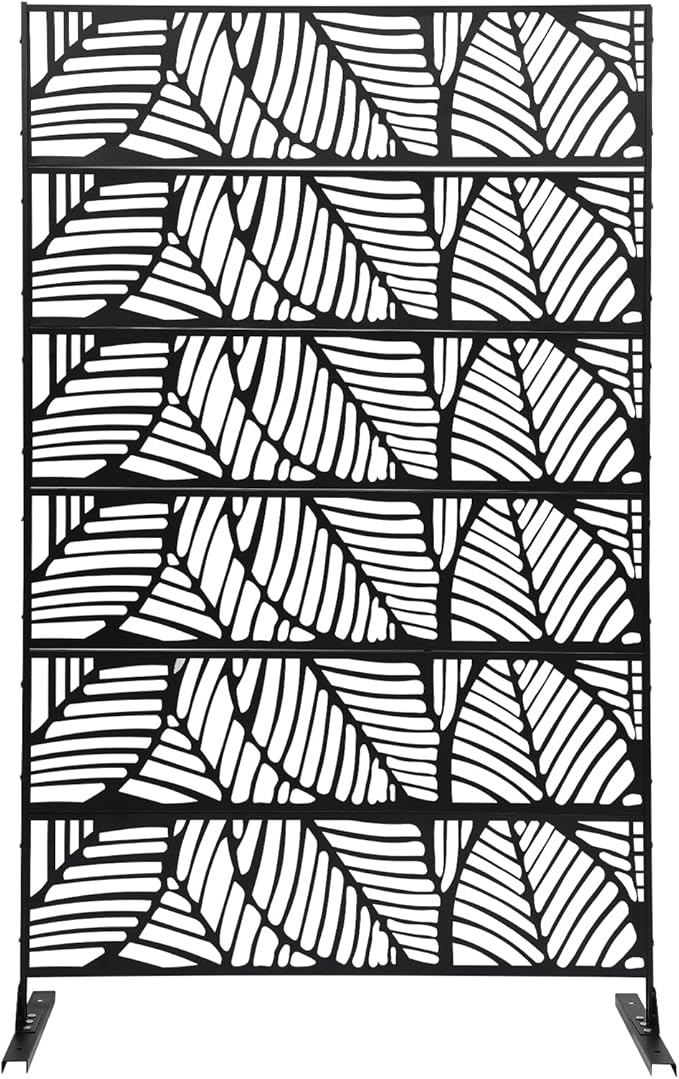 Metal Privacy Screen, 72" H x 44" W Freestanding Privacy Screens, Patio Decorative Metal Fence Panels with Stand, Portable Divider Screens, for Backyard/Patio/Deck (Black-Leaf, 72''H×44''W)