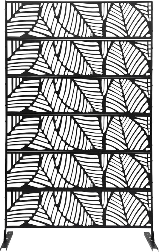 Metal Privacy Screen, 72" H x 44" W Freestanding Privacy Screens, Patio Decorative Metal Fence Panels with Stand, Portable Divider Screens, for Backyard/Patio/Deck (Black-Leaf, 72''H×44''W)