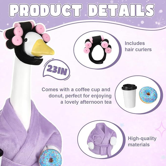 Porch Goose Outfits for 23 Inches Lawn Goose Statue, Purple Bathrobe Clothes with Hair Curlers, Coffee Cup & Donut Accessories for Funny Spa Yard Garden Patio Decor