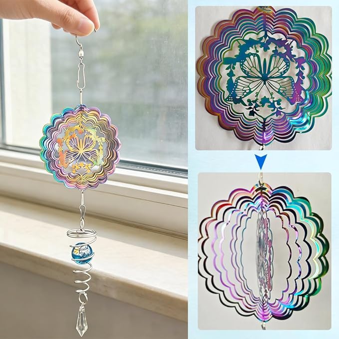 3D Kinetic Hanging Wind Spinner, Garden Stainless Steel Wind Spinners with Crystal, Butterfly Gifts for Women, Outdoor & Indoor Decoration