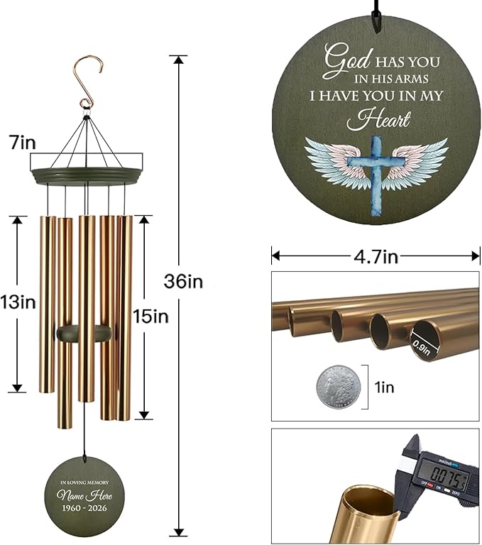 Personalized Wind Chimes, in Loving Memory of Sympathy Wind Chimes, Cross Memorial Wind Chime, Loss of Loved Dad/Mom, Heaven Wing Funeral Gifts, Listen to the Wind, Produced in USA