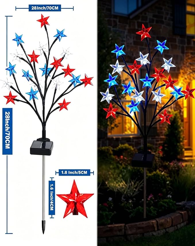 8 Piece Solar US Flag Light Set, American Flags Pole Pathway Lights, Outdoor Garden IP66 Waterproof Patriotic LED Star Stake with 8 Lighting Modes for 250th Anniversary, 4th of July Decoration