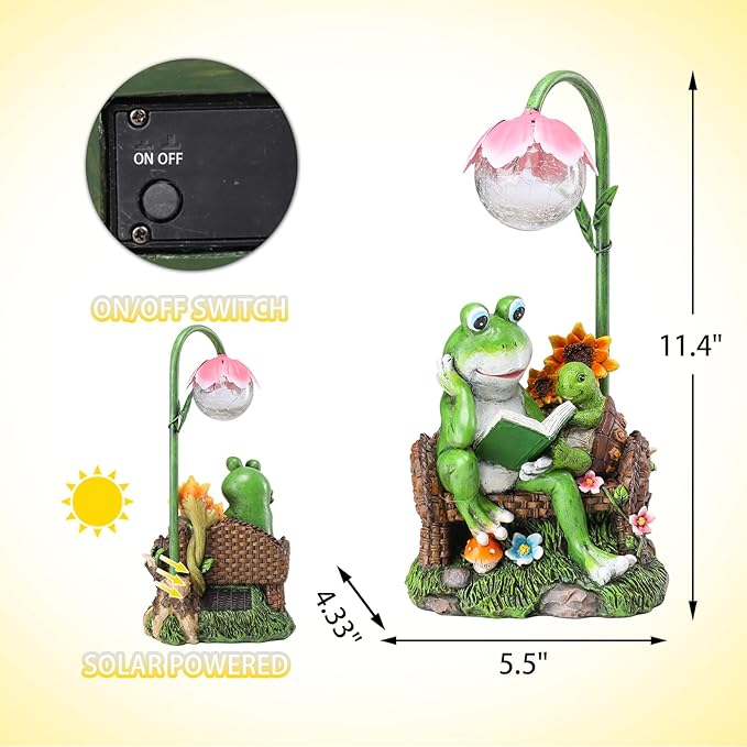 Afirst Solar Garden Statues, Frog Statues Outdoor Resin Figurine with Solar Lights Statue Decorations for Lawn, Patio, Balcony, Yard Ornament, Frog&turtle