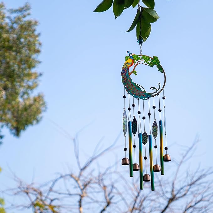 Peacock Dream Catchers Windchimes with Copper Bells 28" Peacock Wind Chimes for Outside Compose‌ Zen Atmosphere Suitable for Outdoor, Garden, Unique Peacock Home Decor Ideal Gift