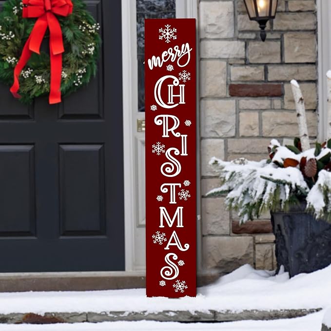 Merry Christmas Sign Xmas Front Door Hanging Decor Wooden Vertical Indoor Outdoor Porch Standing Signs For Garden Home Yard Farmhouse Porch 47.2 x 7.8 Inch