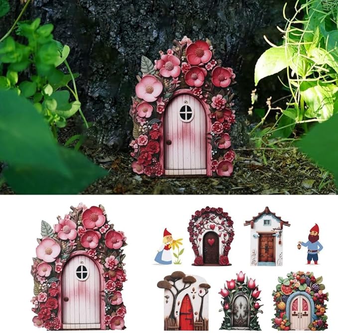 Pink Daisy Frame Fairy Door for Tree Stumps, Miniature Garden Decor, Outdoor Landscape Accessories, Garden Sculptures