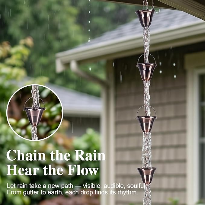 DUSVALLY Rain Chain, 8FT Bell Metal Rain Chain, Functional and Decorative Replacement for Gutter Downspouts, Divert Water and Home Display, Adjustable, Antique Gold
