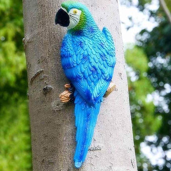 Large Parrot Decor Outdoor Tiki Bar Decoration, 12.5" Fake Birds Wall Art for Tropical Hawaiian Pool Decor, Resin Hanging Realistic Macaw Statue for Patio, Fence, Plam Tree, Yard, Garden, Deck(Blue)