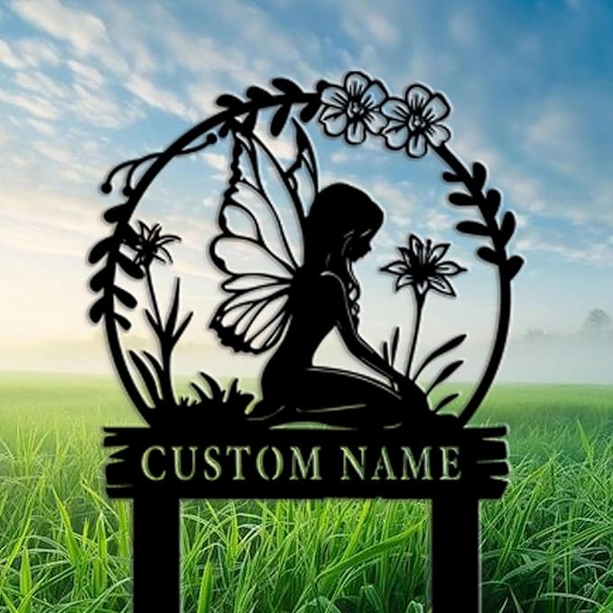 Personalized Fairy Garden Sign-Custom Iron Metal Yard Plaque with Family Name, Weather-Resistant Outdoor Decor for Lawn,Pathway,Fairy Garden