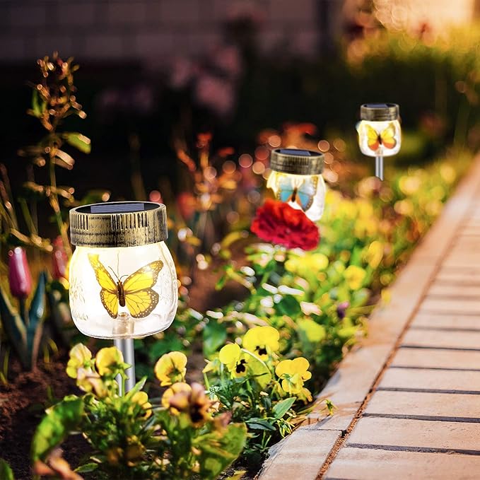 SUNWIND Solar Garden Lights Outdoor Decorative - 3 Pack Decorative Butterfly Glass Jar Lights for Pathway, Lawn, Yard