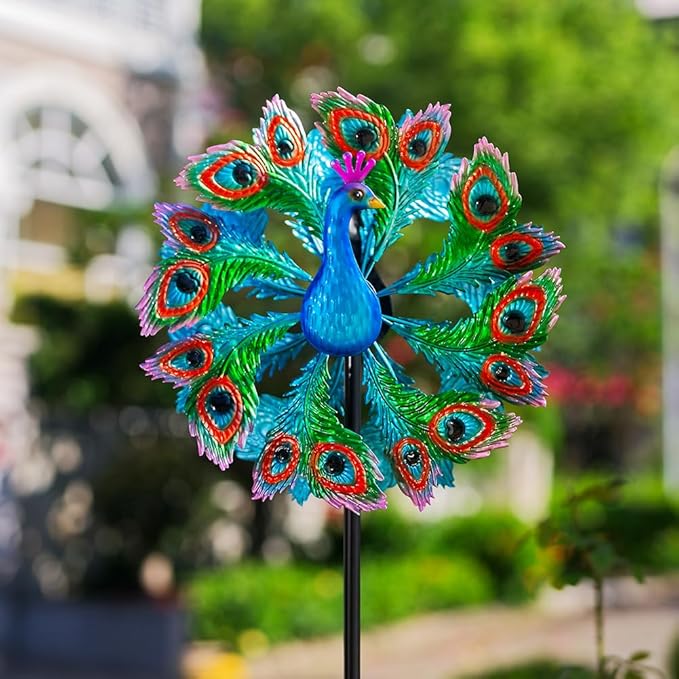 Wind Spinners Outdoor Peacock, 63 Inch Double-Sided Garden Windmill for Yard with 8 Blue Feather Blades, Large Metal Garden Wind Spinner