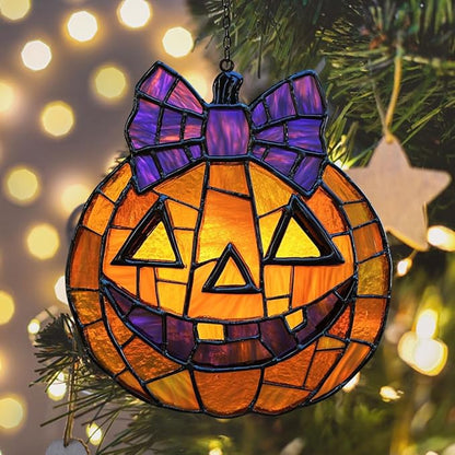 Jack-o'-Lantern Purple Tie Acrylic Suncatcher Stained Glass Effect Window Car Hanging Christmas Ornament Indoor Outdoor Decor Garden Sun Catcher Panel for Halloween Lover for Women Mom Grandma