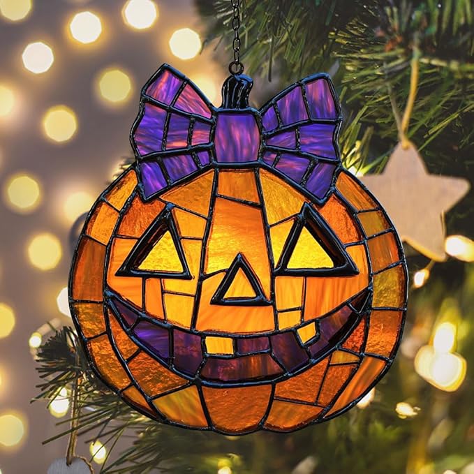 Jack-o'-Lantern Purple Tie Acrylic Suncatcher Stained Glass Effect Window Car Hanging Christmas Ornament Indoor Outdoor Decor Garden Sun Catcher Panel for Halloween Lover for Women Mom Grandma