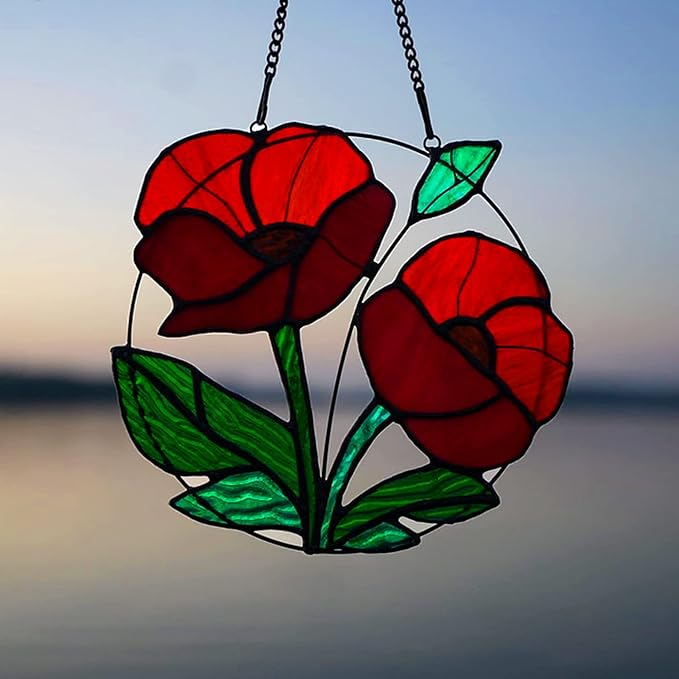 Red Flowers Stained Glass Window Hanging,Artificial Poppy Flower Suncatcher Wall Art Decor,Red Poppy Modern Artwork Hanging Decorations for Bedroom Living Room,Memorial Gift