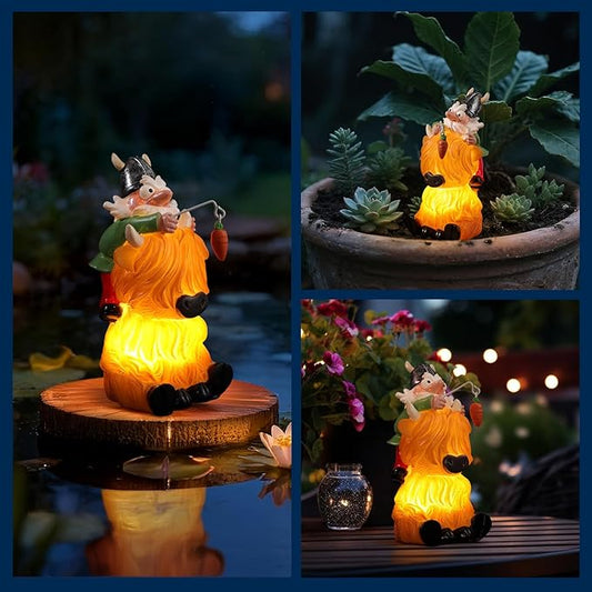 Garden Gnome Statue - Garden Gnome Riding Highland Cow - 6.7 Inch Tall Lawn Figurine - for Outdoor or House Decor - Funny Yard & Patio Decoration
