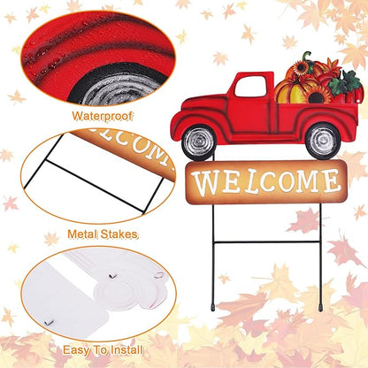 Whaline Valentine's Day Metal Yard Stakes Easter Welcome Interchangeable Garden Stake Red Truck Decor Set with Seasonal Sign Loads, Set of 9
