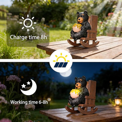 Solar Garden Statues Black Bear Decor Resin Bear Statues Outdoor with Solar Light Animal Figurine for Outside Yard Lawn and Patio Decorations Gardening Gifts for Women 3.5 * 5.5 * 6.25 Inch