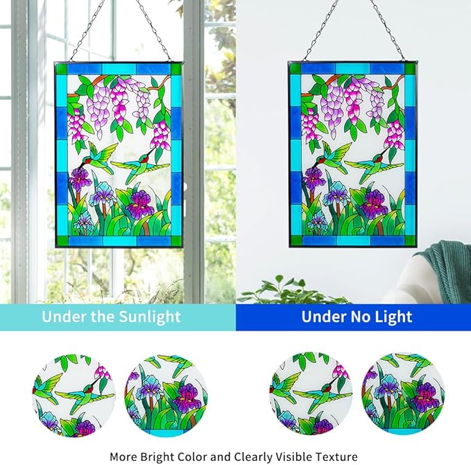 Viveta Hummingbird Stained Glass Window Hanging, Stained Suncatchers for Window, Hand-Painted Glass Panels with Chain, Gift for Mom Grandma Christmas Decor 10 * 15"
