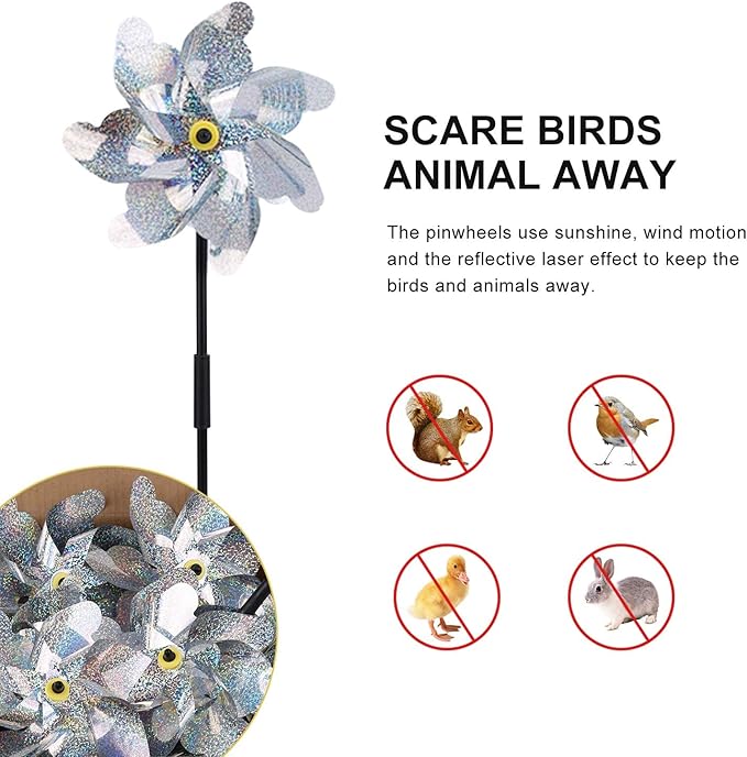 BATTIFE Reflective Pinwheels for Yard and Garden, Pre-Installed Sparkly Blind Birds Pin Wheel, Scare Birds & Animal Away Wind Spinner, 10 Pack (Silver)