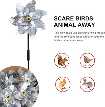 BATTIFE Reflective Pinwheels for Yard and Garden, Pre-Installed Sparkly Blind Birds Pin Wheel, Scare Birds & Animal Away Wind Spinner, 10 Pack (Silver)
