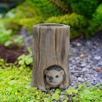 Landoraloria Solar Powered Tree Stump Owl Garden Statue with Light, Brown Resin, Waterproof Outdoor Decorative Lamp (Hedgehog)