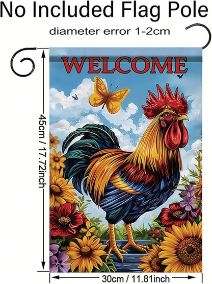 Spring Summer Garden Flag 12x18 Inch Colorful Rooster Welcome Floral Farm Animal Design Outdoor Yard Porch Lawn Garden for Seasonal Farmhouse Country Home Decor