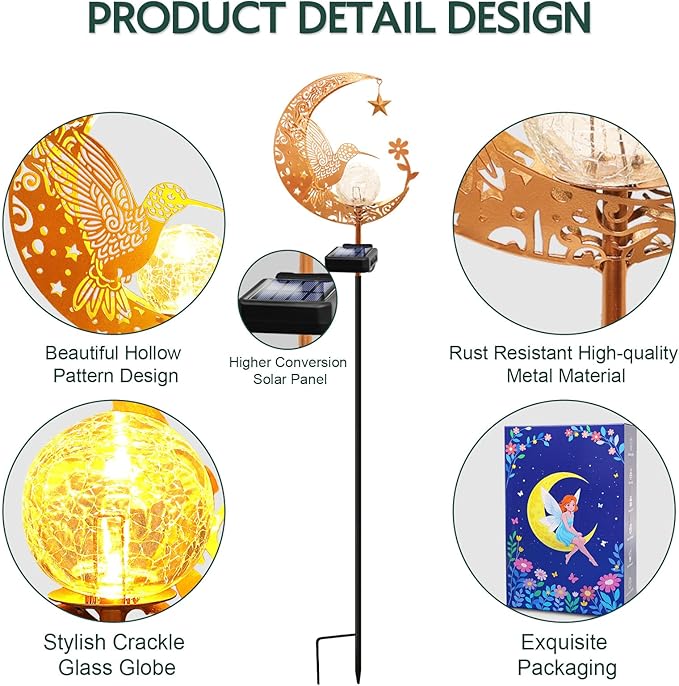 ZNYCYE Solar Lights Outdoor Decorative Moon Hummingbird Solar Stake Lights Mothers Day Gifts for Mom Women Grandma,Hummingbird Garden Decor Waterproof for Walkway, Yard, Lawn, Patio (Warm White)