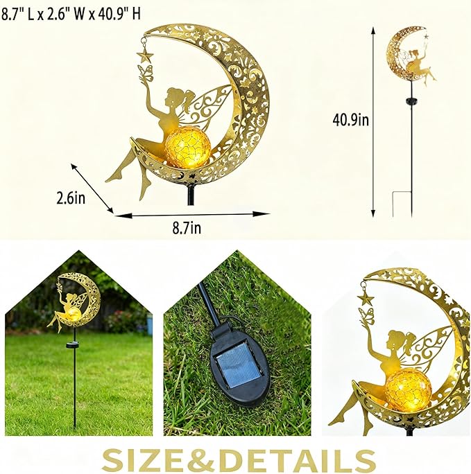 Solar Moon Fairy Garden Stake Light, Outdoor Waterproof Metal Yard Art with Crackle Glass, Decorative Solar Pathway Lights for Patio Lawn, Gift for Housewarming Mother's Day for Mom Women