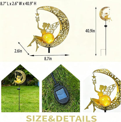 Solar Moon Fairy Garden Stake Light, Outdoor Waterproof Metal Yard Art with Crackle Glass, Decorative Solar Pathway Lights for Patio Lawn, Gift for Housewarming Mother's Day for Mom Women