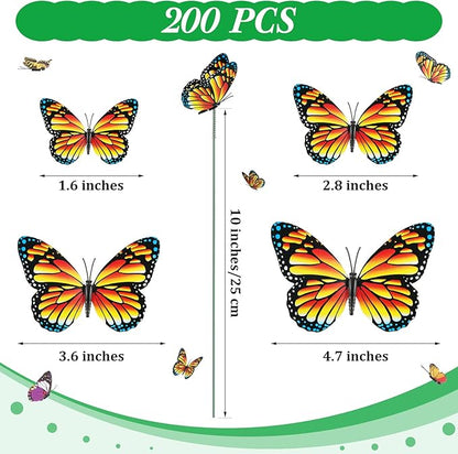 Aoriher 200 Butterfly Garden Stakes, 4 Sizes, Artificial Waterproof Butterflies Stakes for Flower Bouquet Yard Art Patio Plant Pot Flower Bed Home Decor