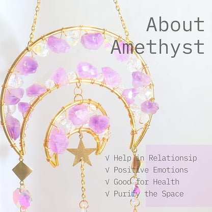 Amethyst Crystals Suncatcher - Hanging Moon Sun Catcher with Glass Prisms for Windows, Healing Amethyst Crystal Decor for Home, Gift for Christmas Birthday Valentine Mothers Day