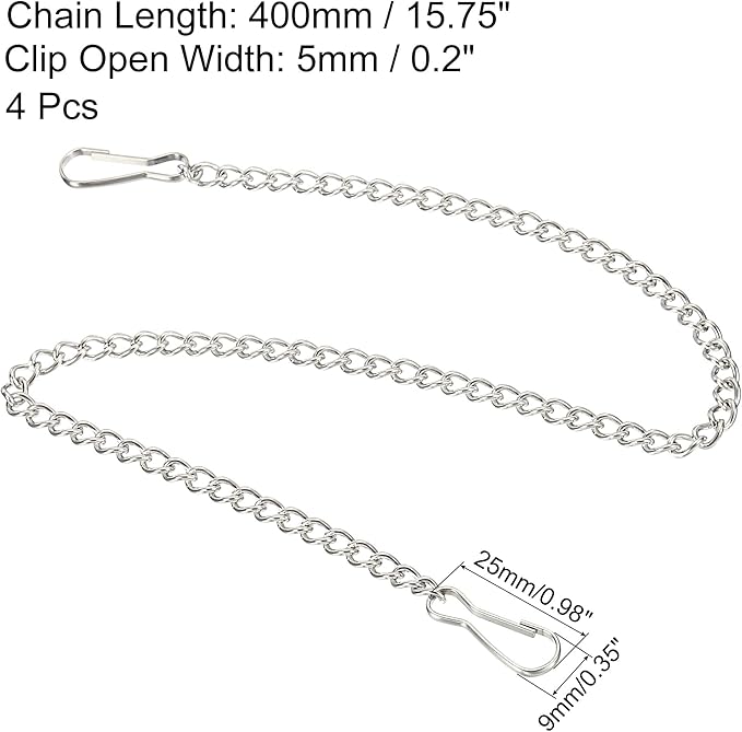 MECCANIXITY Hanging Chain with Snap Clips 15.75 Inch Garden Plant Hangers for Signboard Chalkboard Basket Lantern Wind Chime, Stainless Steel Pack of 4