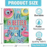 Dyrenson Summer Life is Better by The Pool 28 x 40 House Flag Double Sided, Flamingo Swim Rings Tropical Palm Leaves Garden Yard Decoration, Flip Flops Ball Outdoor Décor Decorative Large Flag