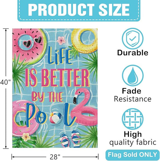 Dyrenson Summer Life is Better by The Pool 28 x 40 House Flag Double Sided, Flamingo Swim Rings Tropical Palm Leaves Garden Yard Decoration, Flip Flops Ball Outdoor Décor Decorative Large Flag