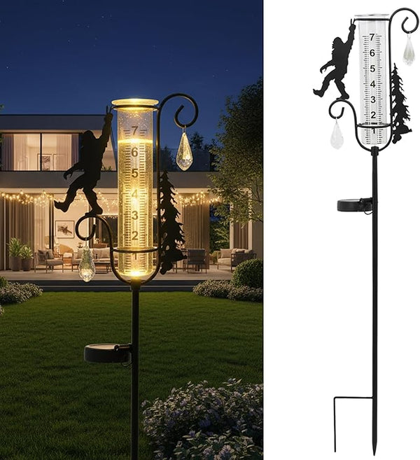 J-Fly Solar Light Rain Gauge, Black Metal Sasquatch Design with Glass Tube, 7 Inch Decorative Garden Stake for Outdoor Weather Measurement, Yard Decor