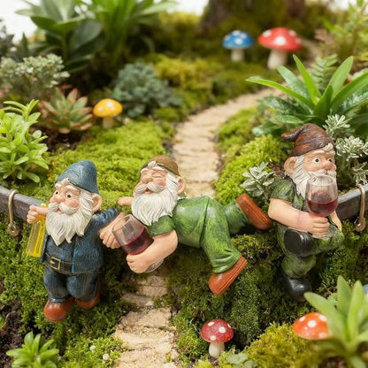 3-piece Fairy Garden Gnome Set, Beer-Drinking Gnome Resin Statue, Outdoor Decorative Item (Colorful)