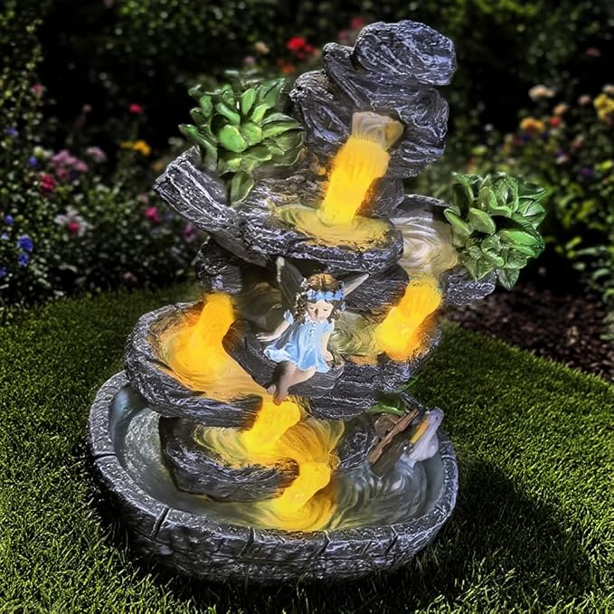 Fairy Garden Accessories Fairies Waterfall Solar Statues, 9" Waterproof Figurines Lights Outdoor House Decorations for Patio Lawn Porch Backyard, Gardening Birthday Gift for Women Kids Grandmom