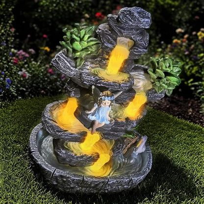 Fairy Garden Accessories Fairies Waterfall Solar Statues, 9" Waterproof Figurines Lights Outdoor House Decorations for Patio Lawn Porch Backyard, Gardening Birthday Gift for Women Kids Grandmom