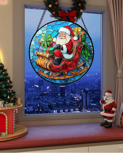 DASTOLL Stained Glass Window Hanging - Red Santa Claus Gift Box Suncatcher for Doors Home Christmas Decoration Winter Sun Catcher Thanksgiving New Year Birthday Gift for Women Men Mom Nana 15 in