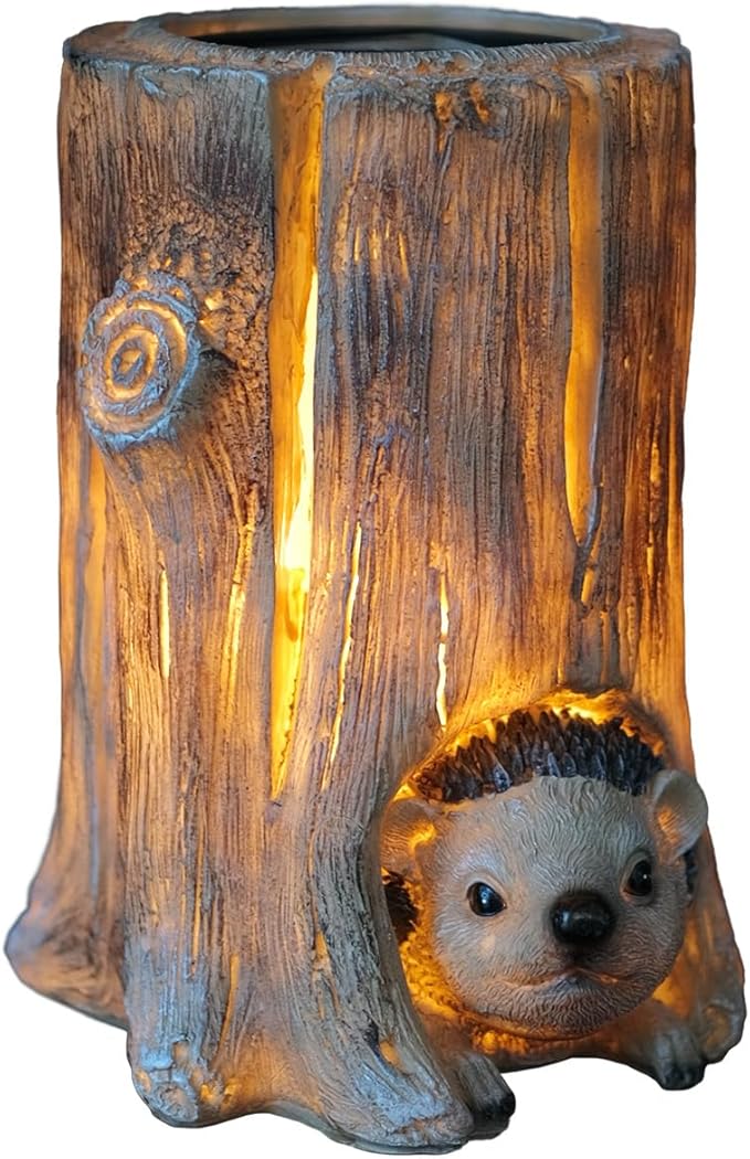 Landoraloria Solar Powered Tree Stump Owl Garden Statue with Light, Brown Resin, Waterproof Outdoor Decorative Lamp (Hedgehog)