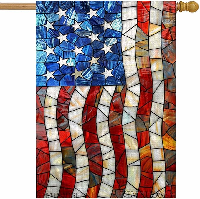 Patriotic House Flag 28x40 Inch Double Sided Stained Glass Large Yard Flag for Outside, Outdoor Burlap Garden Flag Summer Holiday Decorations