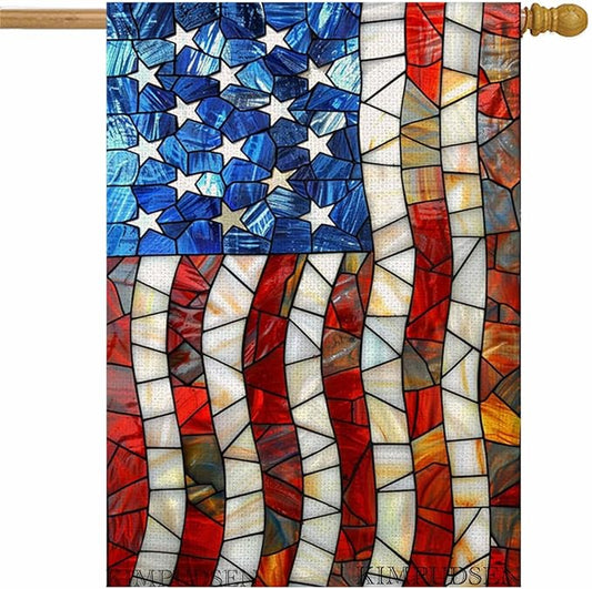 Patriotic House Flag 28x40 Inch Double Sided Stained Glass Large Yard Flag for Outside, Outdoor Burlap Garden Flag Summer Holiday Decorations