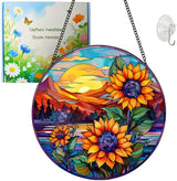 Sunflowers Suncatcher Sunflowers Stained Glass Suncatchers Stained Glass Ornament for Home Decor Indoor Wall Art Gift for Mother Women Friends (Sunflowers and Sun, M)